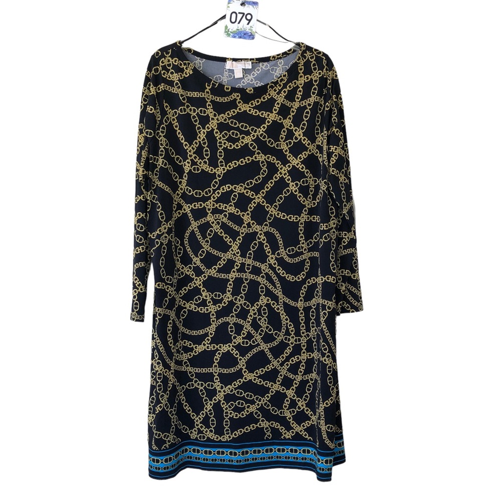 (79) Michael Kors Long Sleeve Knee Length Chain Black/Gold Dress Turq Border 2X